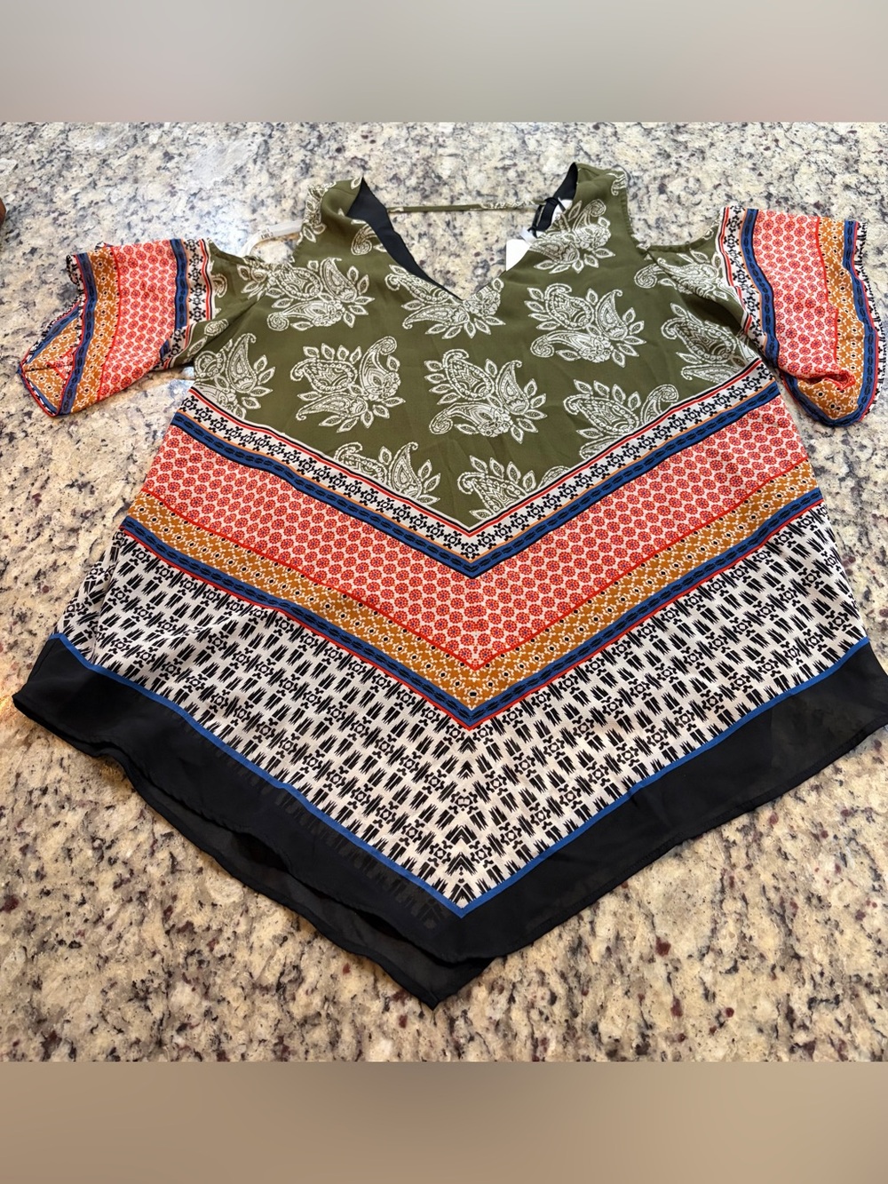 DR2 Olive Green Mixed-Print Cold-Shoulder Tunic with Red and Blue Accents